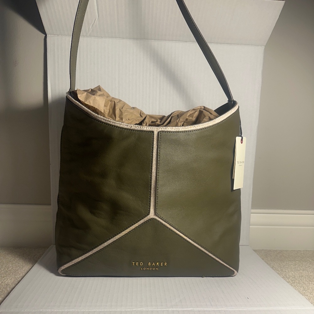 NWT TED BAKER London Olive Green Leather Tote Bag